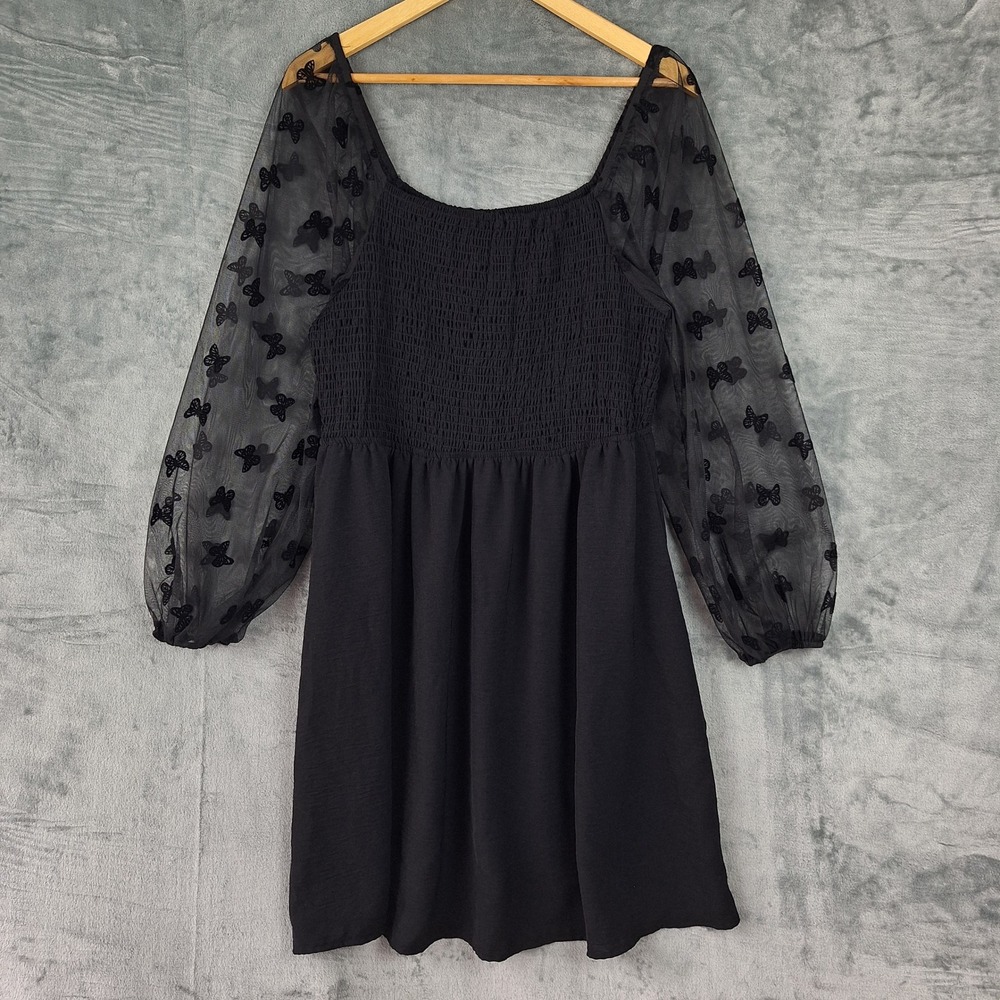 Womens Dress Large Black‎ Whimsigoth Sheer Butterfly Smocked Fairy Grunge Goth